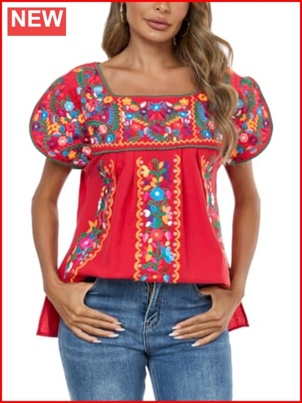 Mexican Embroidered Cotton Peasant Tunic Blouse